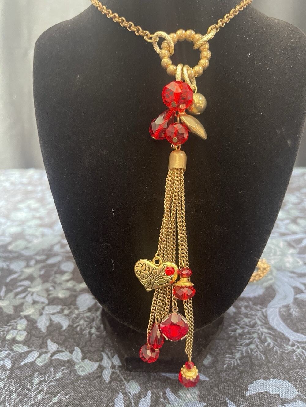 Vintage R.I. Bead & Comp Signed Long Goldtone Red Beaded Necklace Heart Charm